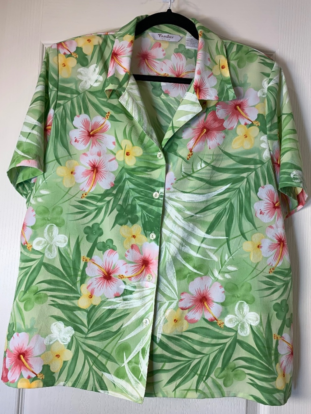 TanJay Tropical Hawaiian Floral Button-Up Blouse Green Pink Yellow Petite 16 Y2K